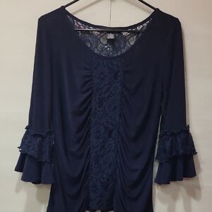 Elegant Navy Lace Trimmed Women's Top, Size M